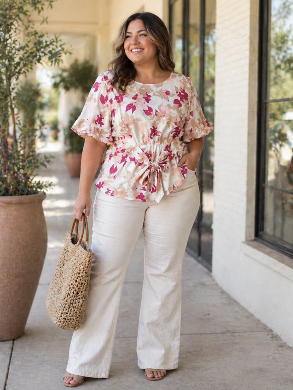 Lane Bryant 24 Floral Blouse Ruffle Sleeve Tie Front Plus Size Top
